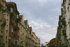 Colourful building in Prague with analogue camera